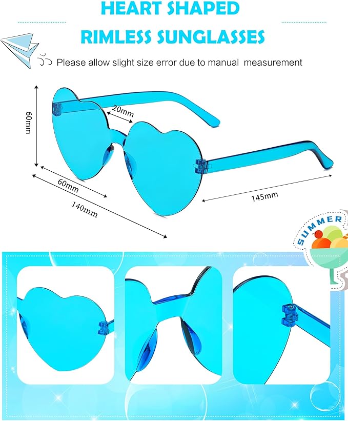 20 Pairs Heart Shaped Sunglasses Bulk, Colorful Rimless Fun Heart Sunglasses for Women Party Favors