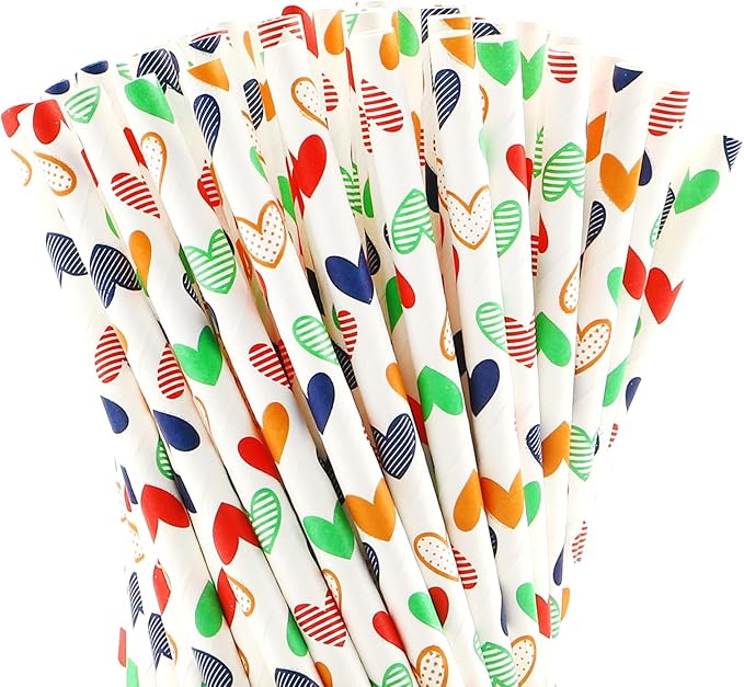 100 Pcs Colorful Hearts Printed Biodegradable Paper Straws, Eco-Friendly Valentines Drinking Straws for Valentine's Day Party,Birthday Party Supplies, Wedding Decorations