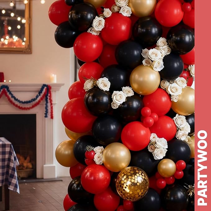 PartyWoo Red Black and Gold Balloon Arch Kit Garland 142pcs Different Sizes of 18 12 10 5 Inch Matte Black Red Metallic Gold Confetti Balloons for New Year's Eve Graduation Birthday Party Decorations
