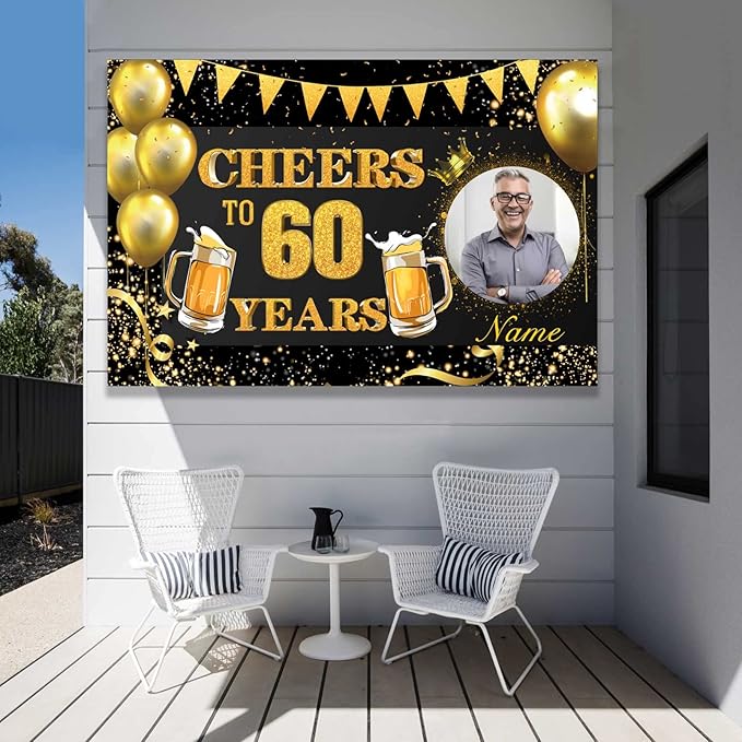Custom 30/35/40/45/50/55/60/65/70/75/80/85/90/95/100th Black and Gold Happy Birthday Party Decorations Supplies Personalized Black and Gold Birthday Backdrop Banner(5x7.5ft)