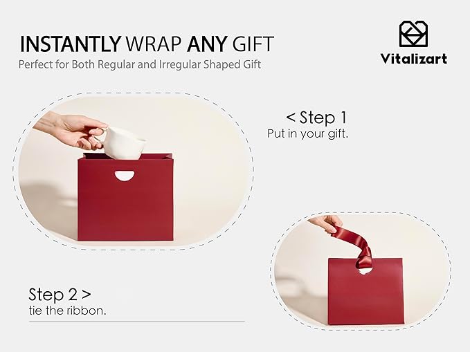 Vitalizart Paper Gift Bags With Ribbon Handles Set of 10 Red Bulk Reusable For Gift Wrap Girls Kids Birthday Bridal Shower Party Favors Goodie Bags Candy Toys Christmas 7.87"x3.54"x7.09" Small Size