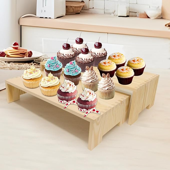 Yikaroeli 4Pcs Large Display Riser Wood Risers Cupcake Display Stand 2 Tier Racks Rectangular, 2 Set Perfume Decorative Display Dessert Stands for Vendors Event (Large/2Pack Nature)