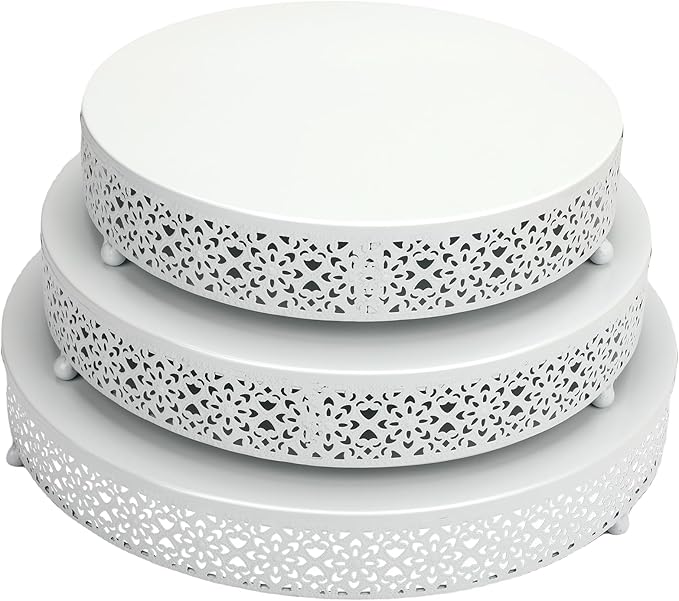 3 Piece Cake Stands Set 16'' 14'' 12'' Round Metal Cake Stands Cupcake Stand Riser Pastry Candy Display Plate for Dessert Table Wedding Event Birthday Anniversary Party (White)