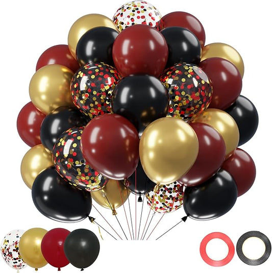 Netnology Burgundy Black Gold Balloons, 60Pcs 12 Inch Maroon Black Metallic Gold Latex Balloon Confetti Balloon for Birthday Graduation Wedding Baby Shower Party Decorations