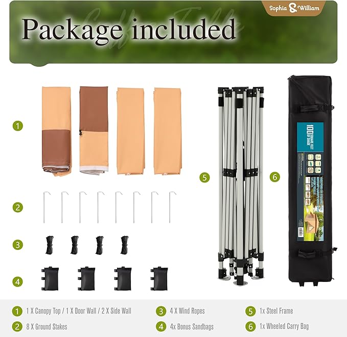 Sophia & William Canopy Tent Pop Up 10x10 ft One Person Push Set Up Canopies with 4 Sidewalls, Outdoor Shelter Heavy Duty Straight Legs with 4 Sandbags & 1 Roller Bag, 8 Stakes & 4 Guy Ropes, UPF50+