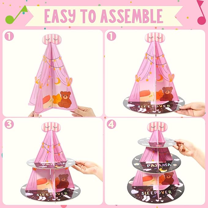 3-Tier Cake Stand for Girls Birthday Party Decorations - Pink and Black Orbicular Cardboard Dessert Stand for Sleepover Party Supplies,Slumber Decorations,Sleep Over Tents for Girls