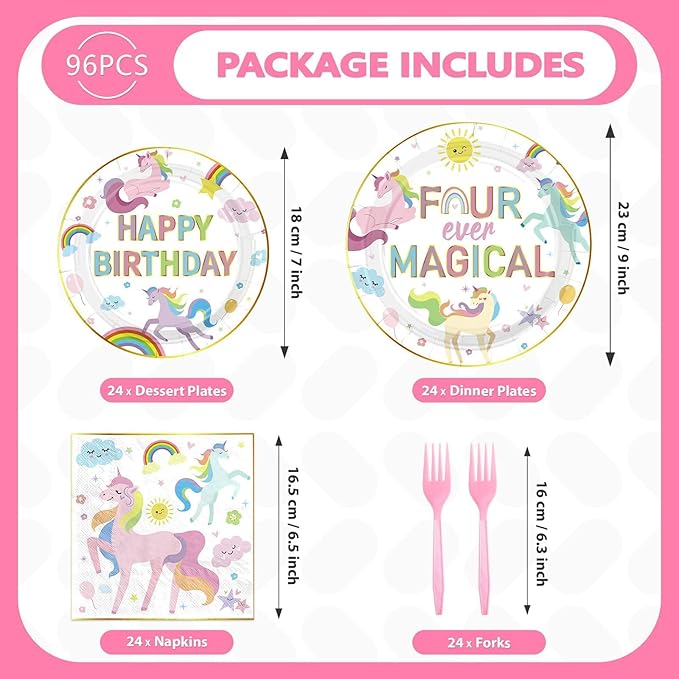 Grencian 96pc Unicorn 4th Birthday Party Supplies Magical Pastel Rainbow Unicorn Plates Napkins Forks Serves 24