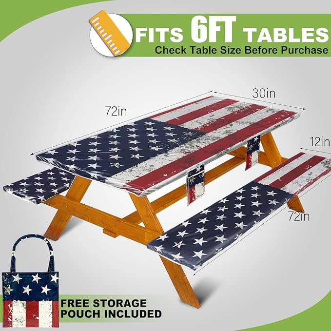 Fitted Picnic Table Cover with Bench Covers Waterproof Elastic Edges Rectangle Patio Tablecloth Outdoor Camping Essentials Stuff Rv Accessories Summer Trip Travel Camper Gifts for Woman Men, 72in 6 ft