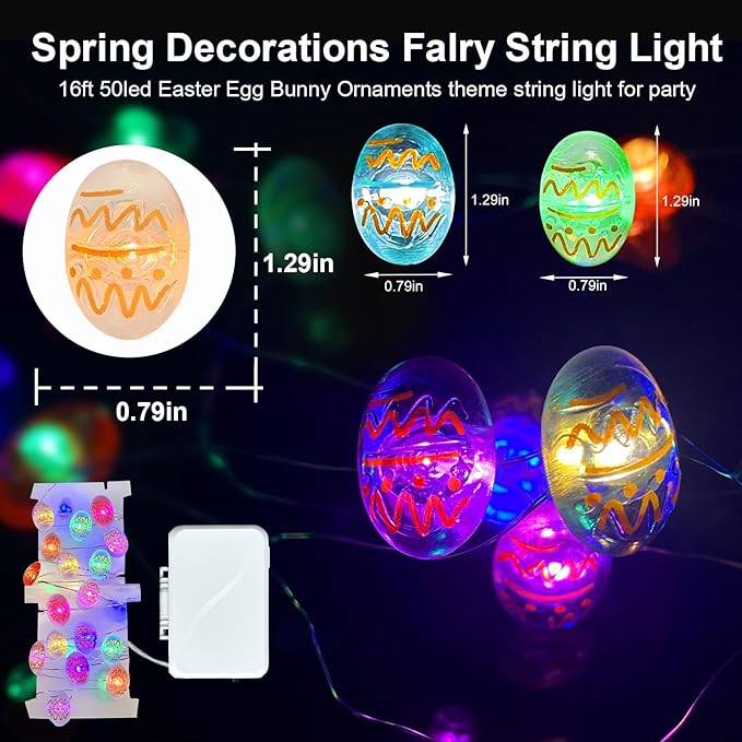 Aogist 50LED Easter Egg Fairy Lights - 16ft Super Bright 3D Egg String Light Battery Operated Decor for Indoor/Outdoor Easter Basket Spring Party Home Yard Tree Decor