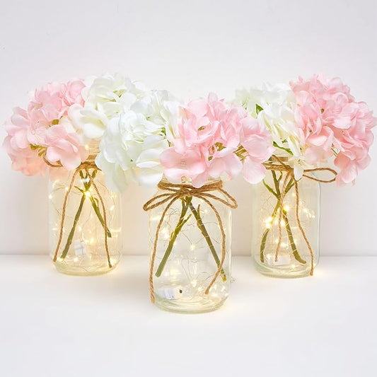 4 Sets Mason Jar with Lights Pink and White Hydrangea Decorative Pink White Centerpieces for Tables Mason Jars Flowers Decorations LED Farmhouse Vase for Home Wedding Event Party Decor
