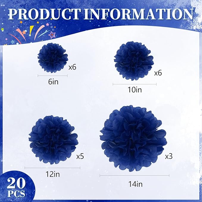 20 PCS Royal Blue Tissue Paper Pom Poms, Tissue Pom Poms Flowers, Sizes of 6", 10", 12", 14" Hanging Paper Flower Ball for Wedding, Birthday, Halloween, Christmas, Baby Shower Party Decor