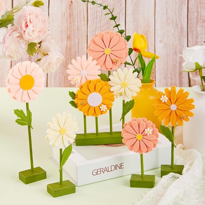 SUNBEAUTY 8 PCS Daisy Felt Centerpieces for Tables Flower Birthday Decorations Daisy Birthday Party Decorations Pink Orange Spring Floral Table Decor for Girl Birthday Baby Shower Garden Home Decor