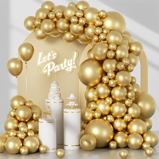 Awenztech 120pcs Metallic Gold Balloon Arch Kit, 18 12 10 5 inch Chrome Gold Latex Balloons Different Sizes Metallic Gold Balloon Garland for Graduation Engagement Wedding Birthday Party Decorations