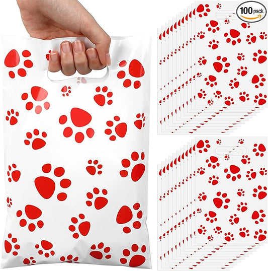 Pasimy 100 Pcs Dog Paw Gift Bags Bulk Pet Paw Puppy Plastic Treat Favor Candy Goodie Bags with Handle for Dog Birthday Party Decoration Supplies (White Red)