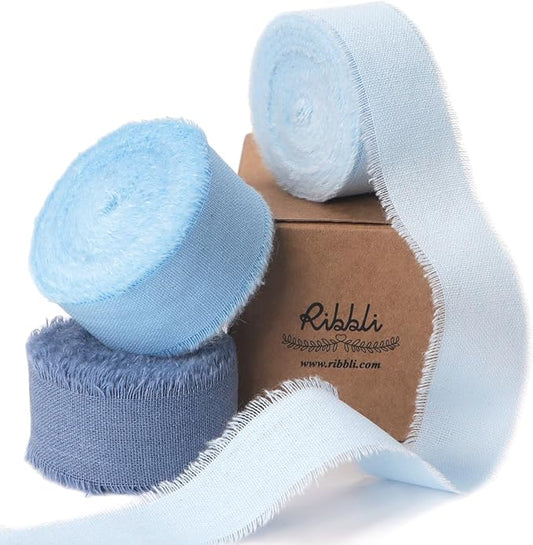 Ribbli 3 Rolls Blue Ribbon 1 Inch x 18 Yards Light Blue Baby Blue Dusty Blue Handmade Cotton Frayed Fringe Ribbons for Gift Wrapping Wedding Invites Bridal Bouquets Baby Shower DIY Crafts Home Decor