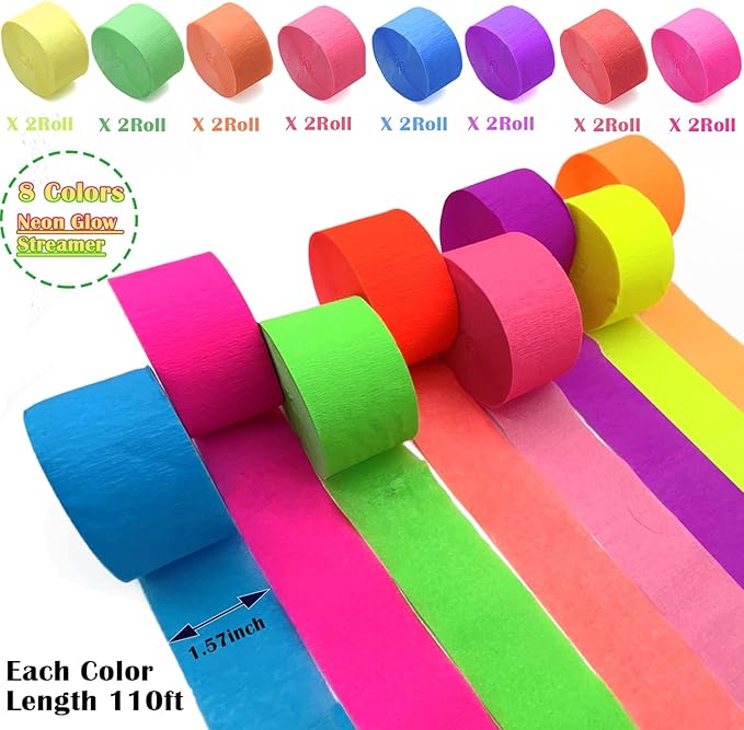 1776 feet Glow Party Neon Streamer Decorations Glow Crepe Neon Paper Streamers UV Reactive Blacklight Fluorescent Glow in The Dark Party Supplies and Decorations Wedding Birthday