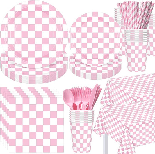 Funnymoom 452 Pcs Light Pink and White Gingham Party Supplies for 50, Pink Checkered Gingham Paper Plates Napkins Cups Tablecloth Cutlery Straws for Picnic Camping Birthday Baby Shower Decoration