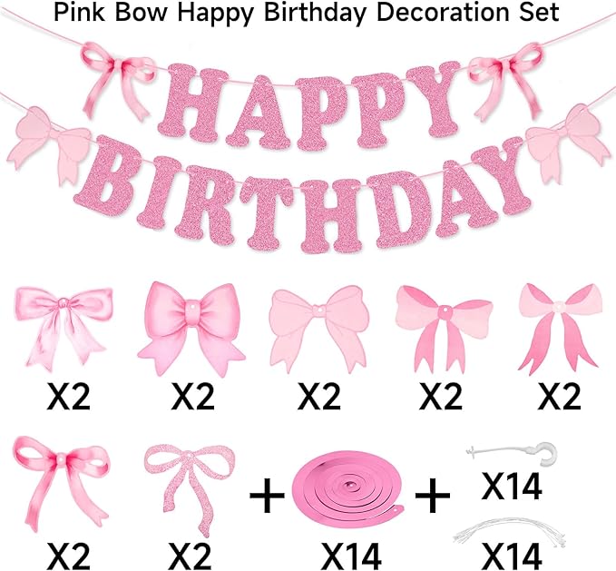 jijAcraft Pink Happy Birthday Banner, Pink Bow Party Banner with 14Pcs Bow Swirls Hanging Garland, Girl Baby Shower Garland, Coquette Birthday Decoration for Wall, Fireplace, Window