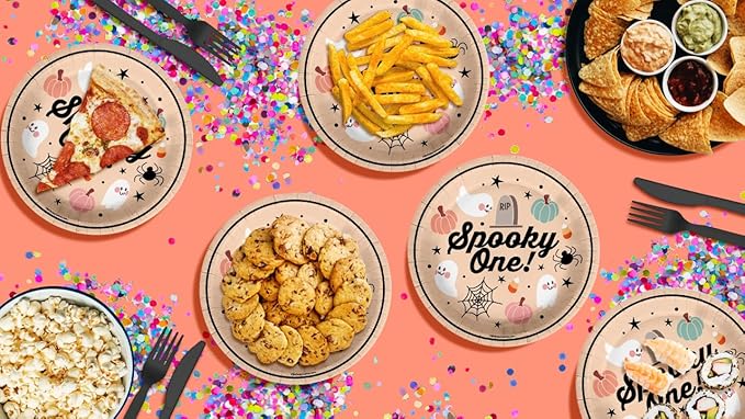 Spooky One First Birthday - 32 Piece Disposable Party Supplies - Decorations for Halloween 1st Birthday Round Party Plates - Large 9" Paper Plates In Bulk