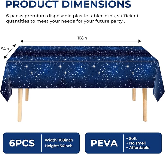 6 Pack Space Tablecloth Starry Night Tablecloth, Disposable Plastic Galaxy Table Cover, 54 X 108 Inch Space Themed Party Supplies for Birthday Parties Decorations (Blue)