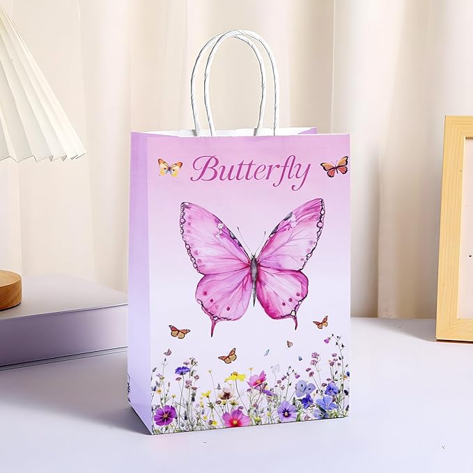 JALEBRO 24PCS BUTTERFLY Party Favors Gift Bags Bulk with Handle, Paper Snack Treat Goodie Bag for BUTTERFLY Theme Goody Bags Birthday Party Decorations Supplies 8"x5.9"x3.1"