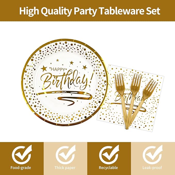 72PCS Happy Birthday Plates and Napkins Party Supplies, White Gold Dot Paper Plates and Napkins with Forks Disposable Tableware Set for Birthday Party Decorations, Serves 24