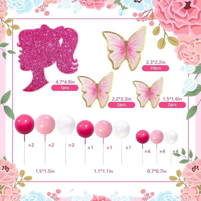 MEMOVAN Hot Pink Girl Cake Toppers 27pcs Pink Ball Butterfly Cake Decoration Princess Theme Cake Decoration for Boho Girls Princess Theme Wedding Baby Shower Birthday Party Supplies