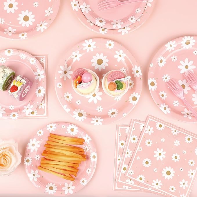 50 Guests Daisy Plates and Napkins Party Supplies Groovy Floral Party Decorations Disposable Tableware Set Pink One Two Groovy Birthday Dinnerware Favor for Summer Girls Wedding Baby Shower, 200PCS