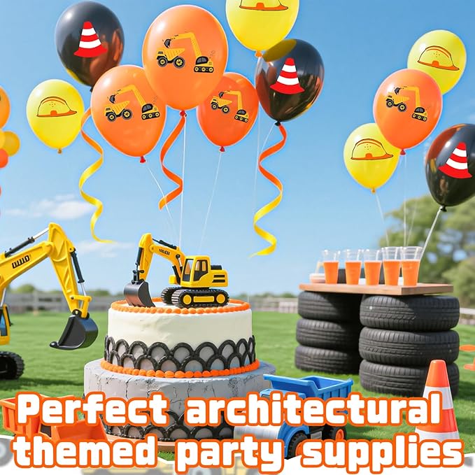 18Pcs Construction Balloons 12 Inch Black Yellow Orange Latex Engineering Vehicle Balloons for Construction Themed Birthday Truck Birthday Party Supplies