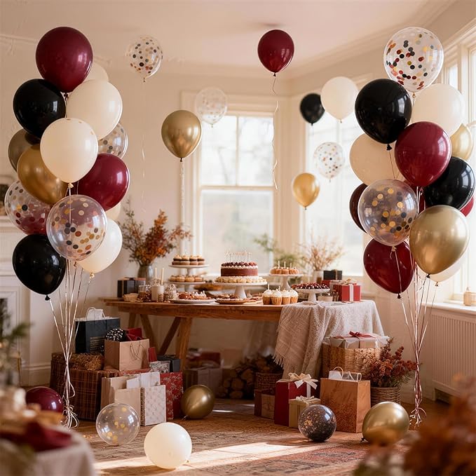 Black Burgundy and Gold Balloons, 12inch Retro Dark Pearl Maroon Beige Metallic Gold Black Confetti Latex Balloon Kit for Men Women Birthday Graduation Wedding Anniversary Party Decorations