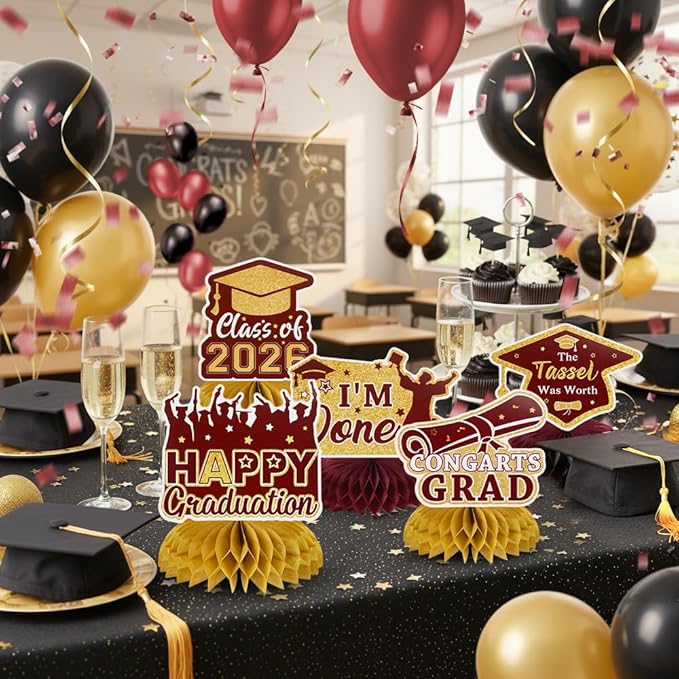 Graduation Decorations Class of 2026 Honeycomb Centerpieces, 9PCS Graduation Centerpieces for Tables, Congrats Grad Table Toppers for 2026 Law Nursing Police Doctoral Graduation Party Decor (Red Gold)