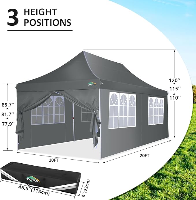 COBIZI 10x20 Pop Up Canopy with 6 Sidewalls, Conical Canopy Tents for Parties, Backyard, Commercial, Waterproof Event Tent Instant Shelter UV50+ Outdoor Gazebo with 4 Sandbags (Peak Drainage)