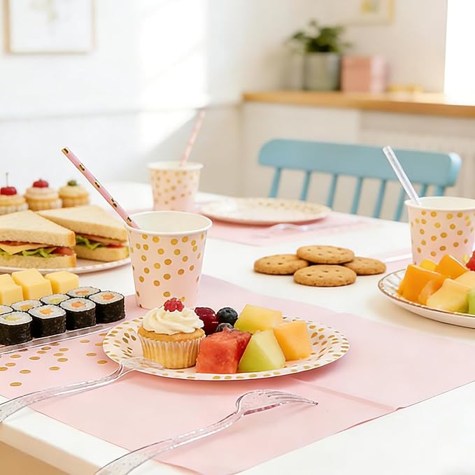 Party Supplies 402pcs Pink & Gold Plates and Napkins Sets - Disposable Dinnerware Sets for 50 Guests with Paper Plates Cups Straws Plastic Cutlery 2 Tablecloths - Bridal Shower Birthday Wedding