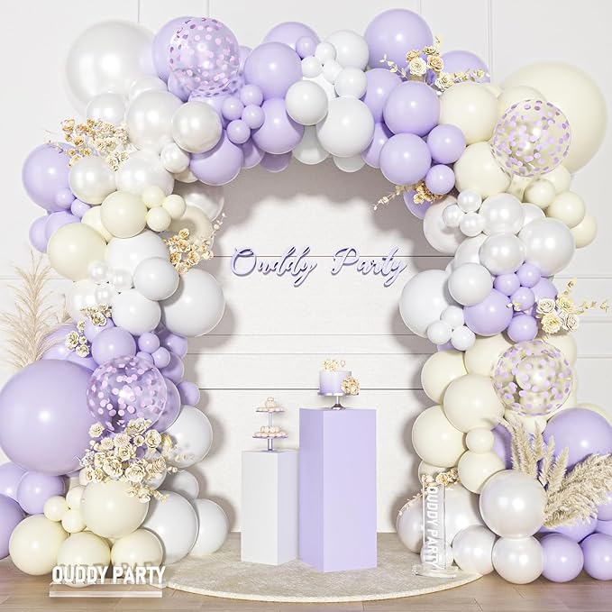 Ouddy Party Pastel Purple White Balloons Garland Arch Kit, Different Sizes 18 12 10 5 Inch Lavender Lilac Pearl White Ivory Latex Confetti Balloon for Wedding Bridal Shower Birthday Party Decorations