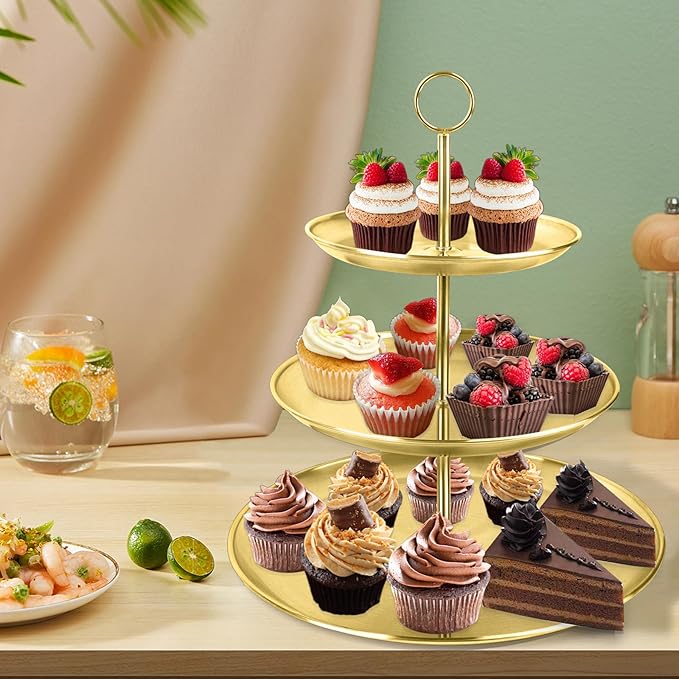 3 Tier Gold Cupcake Stand Stainless Steel Dessert Display Rack with Removable Tiered Tray for Parties,Weddings,Birthdays,Decorations,Any Festivals and Festivities(Stainless Steel Pole-2 Pack)
