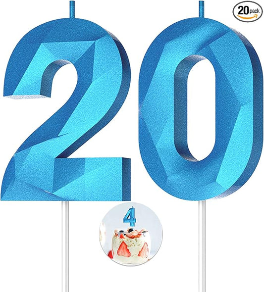 Number Birthday Candles(20 Candle Blue) 3D Diamond Shape Number Happy Birthday Cake Candles for Birthday Party Wedding Decoration Reunions Theme Party