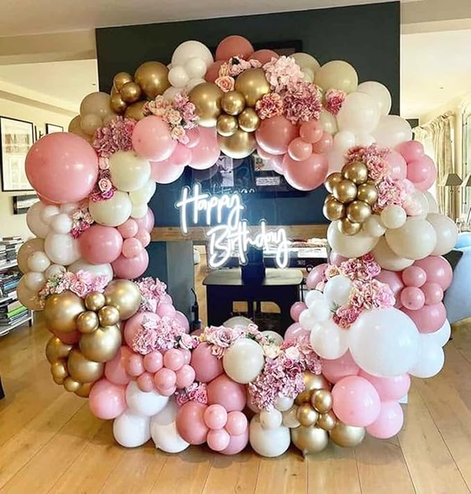 Pink and Gold Balloons, 12 Inch Pink White Metallic Chrome Gold Confetti Pink Latex Balloons with Ribbon Pink Gold Party Balloons Set for Girls Baby Shower Birthday Princess Party Decorations