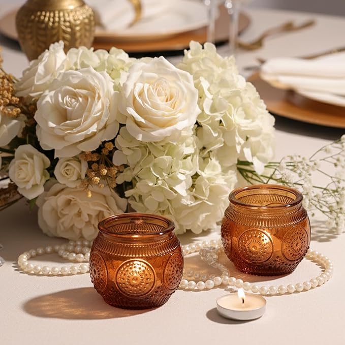 36 Pcs Amber Candle Holders Bulk- Floral Style Vintage Candle Holder for Rustic/Boho Wedding Table centerpieces, Bridal Shower, Baby Shower Decoration