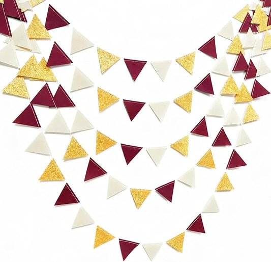 Maroon Gold Party Decorations Burgundy Beige Gold Glitter Felt Hanging Triangle Mini Bunting Pennant Banner Flag for Birthday Graduation Wedding Baby Shower Anniversary Party Nursery Classroom Decor