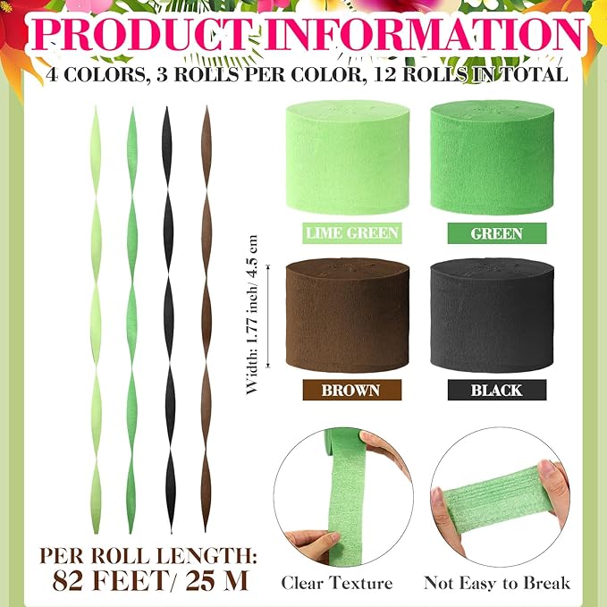 Epakh 12 Rolls Black/Green/Brown Crepe Paper Streamers (984ft) - Pixel Themed Party Decorations, Video Game Birthday Supplies, Dinosaur Jungle Camo Army Camp Natural Theme Green Party Decor Halloween