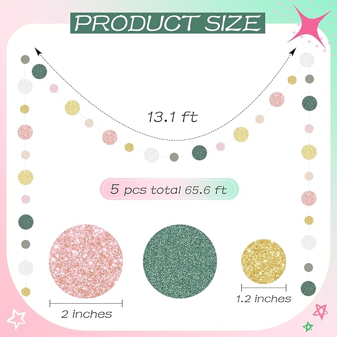Outus 5 Pieces Colorful Circle Garland Banner Hanging Paper Dot Decorations for Classroom, Birthday Party, Baby Shower, Wedding Backdrop & Photo Booth Graduation Decor (Sage Green,Pink,Gold)