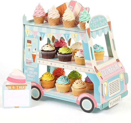 3 Tier Van-Shaped Cupcake Stand, Ice Cream Truck Dessert Display for 24+ Cupcakes, High-Gloss Paperboard Party Cake Holder for Birthday, Baby Shower, Ice Cream Theme Party Supplies