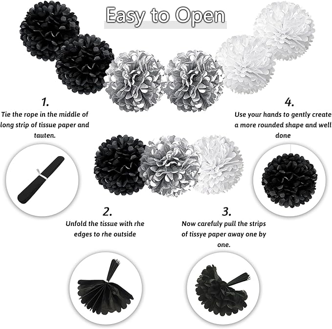 Black White Birthday Decorations, Happy Birthday Decorations with Banner Pompoms Balloon Hanging Swirls for Boys Girls Men Women Party Decorations Supplies