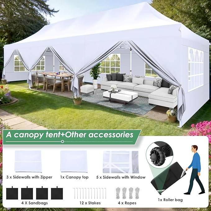 COBIZI Canopy Tent 10x30 Pop Up Canopy with 8 Removable Sidewalls Party Tents for Parties Wedding Patio Commercial Waterproof and UV50+ Ez Outdoor Instant Gazebo with Roller Bag & 4 Sandbags（White）