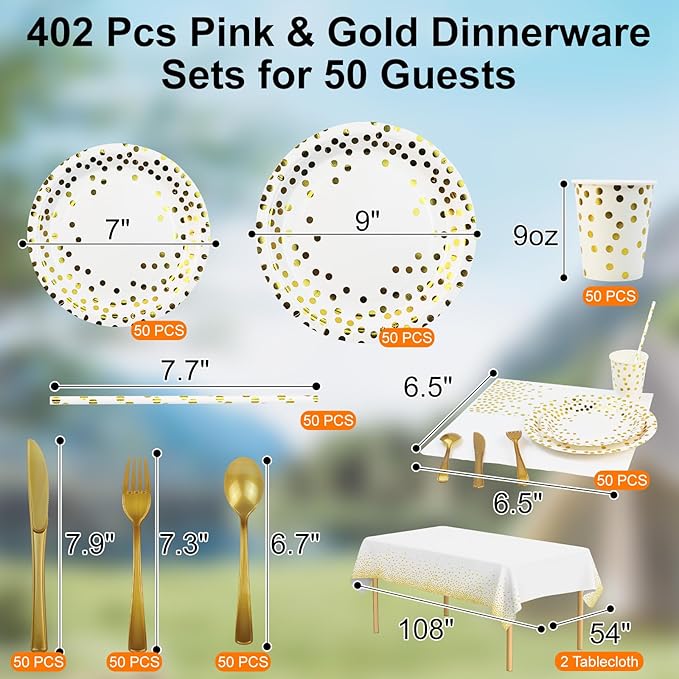 Party Supplies 402pcs White & Gold Plates and Napkins Sets - Disposable Dinnerware Sets for 50 Guests with Paper Plates Cups Straws Plastic Cutlery 2 Tablecloths - Bridal Shower Birthday Wedding