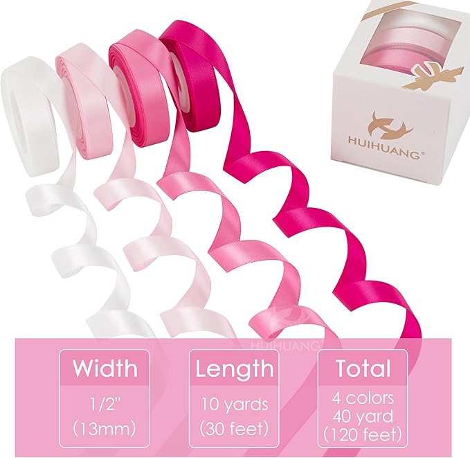 HUIHUANG Pink Satin Ribbon 1/2 inch x 4 Rolls White/Light Pink/Pink/Hot Pink Ribbon for Gift Wrapping DIY Crafts Hair Bows Flower Bouquets Wedding Bridal Shower Decor- Total 40 Yards