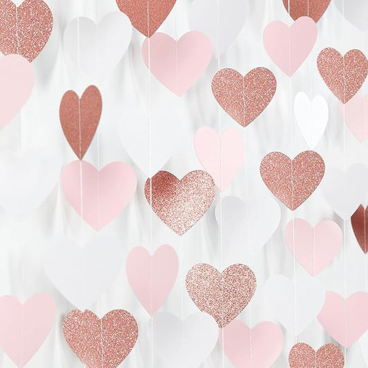 Pink-White Rose-Gold Valentines Party-Decorations Heart-Garland - 52ft Galentines Women Streamers Banner,Romantic Special Night Wedding Bachelorette Bridal Shower Birthday Backdrop Decor Burgleda