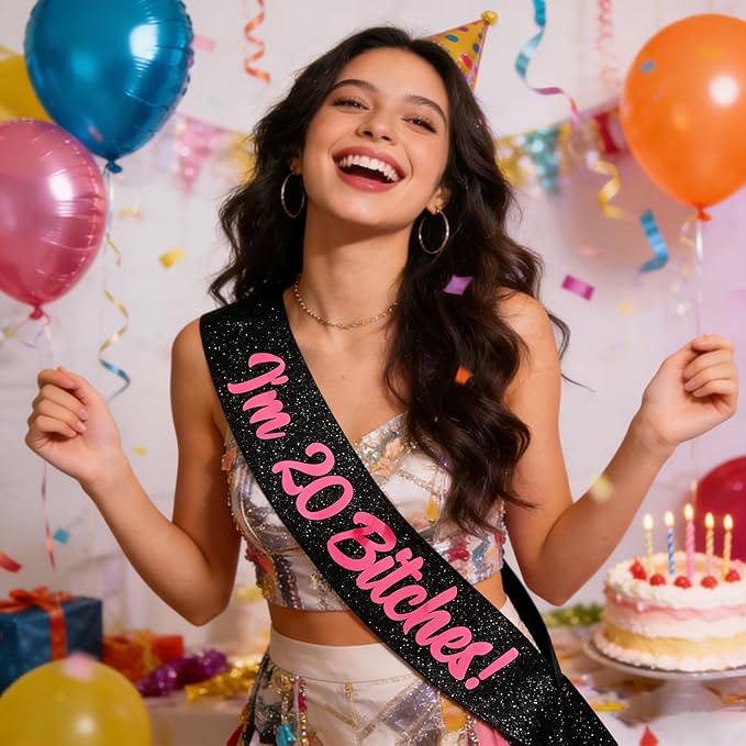 Birthday Sash, I'm 20 Bitches Pink Foil Letter Glitter Black 20th Birthday Sash for Girl 20th Funny Bday Gifts Party Favors Photo Prop