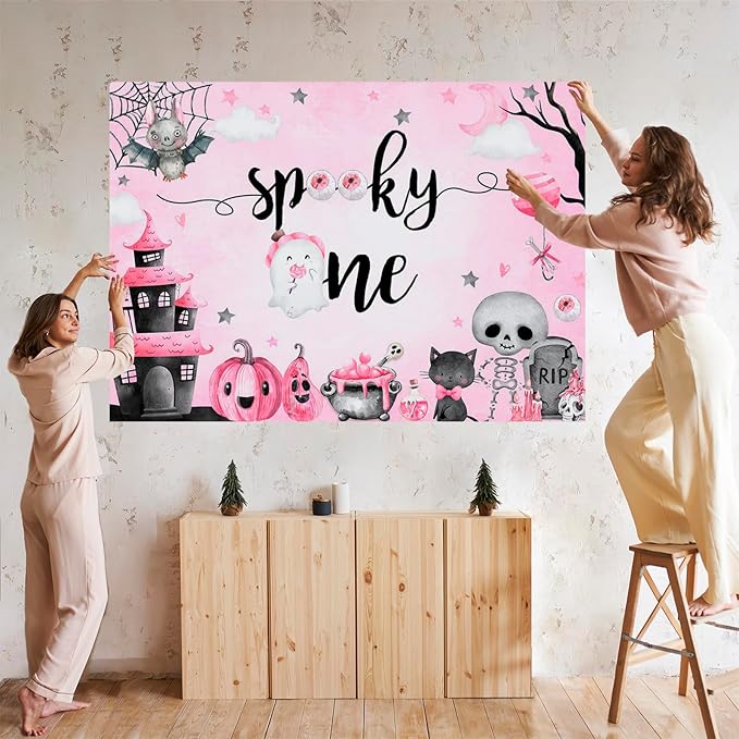 Mocsicka Halloween Spooky One Backdrop Halloween 1st Birthday Party Decoratoon Watercolor Spooky Ghost Spooktacular Birthday Banner Photo Shoot Props (Pink, 8x6ft(96''x72''))