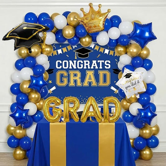 Royal blue White Gold Balloon Garland Arch Kit with backdrop Stars Graduation Cap crown GRAD Letters Mylar Balloons for 2026 graduate Prom Decorations